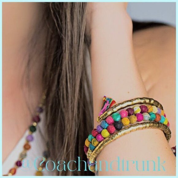 Sari Cloth Coil Wrap Bracelet Handcrafted India 2 Tassels Semi Adjustable NWT - Picture 2 of 8